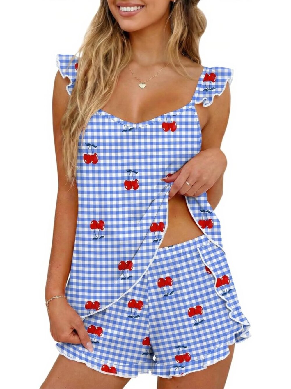 〽️Women's Outfit Set Gingham Cherry Cami Top and Shorts 2 Piece Lounge Set
